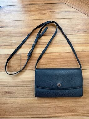 Vintage Tory Burch Black Leather Crossbody Bag with Gold Logo
